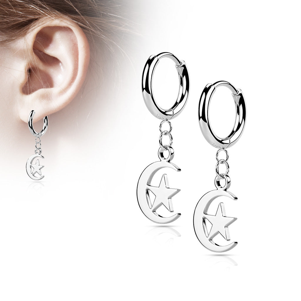 Pair of 316L Stainless Steel Hinged Hoop Earrings with Moon and Star Dangle