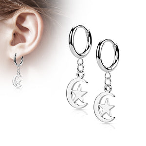 Pair of 316L Stainless Steel Hinged Hoop Earrings with Moon and Star Dangle