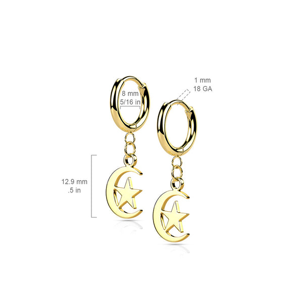 Pair of 316L Stainless Steel Hinged Hoop Earrings with Moon and Star Dangle