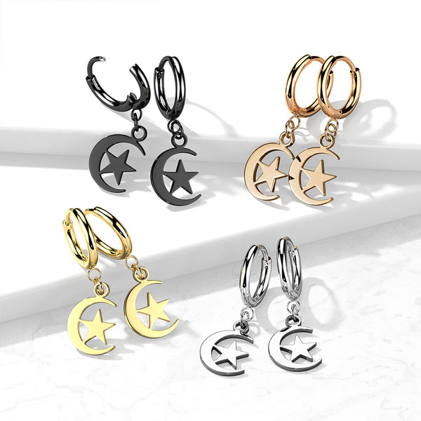 Pair of 316L Stainless Steel Hinged Hoop Earrings with Moon and Star Dangle