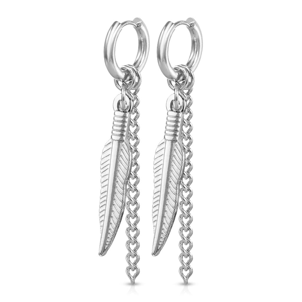 Pair of Feather and Chain Dangle 316L Stainless Steel Round Clicker Hoop Earring