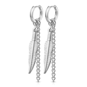 Pair of Feather and Chain Dangle 316L Stainless Steel Round Clicker Hoop Earring