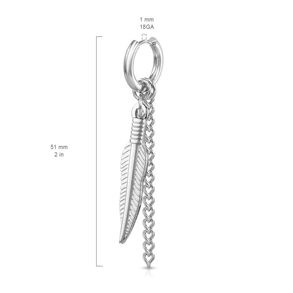 Pair of Feather and Chain Dangle 316L Stainless Steel Round Clicker Hoop Earring