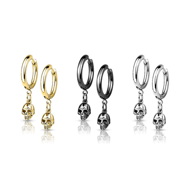 316L Surgical Steel Hoop Earrings With Skull Dangle