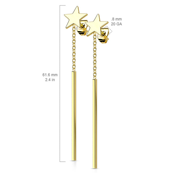 316L Stainless Steel Star Stud Earrings with Rectangle Bar Dangling