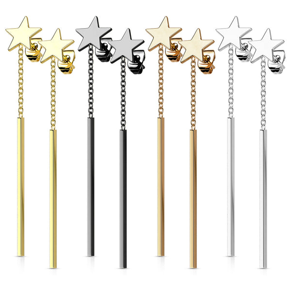 316L Stainless Steel Star Stud Earrings with Rectangle Bar Dangling