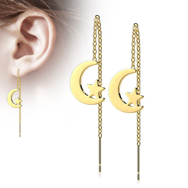 316L Surgical Steel Free Falling Threader Earrings With Moon and Star