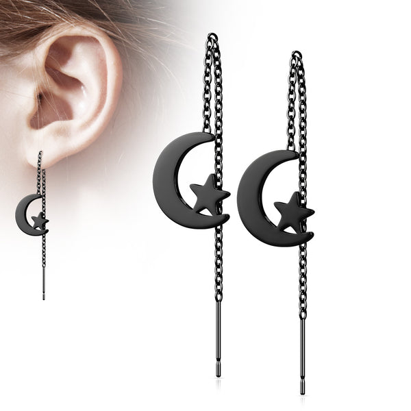 316L Surgical Steel Free Falling Threader Earrings With Moon and Star