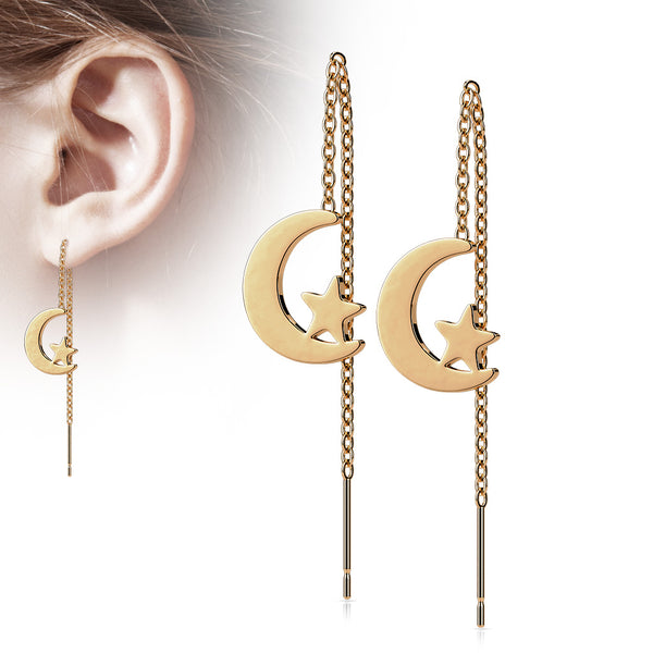 316L Surgical Steel Free Falling Threader Earrings With Moon and Star