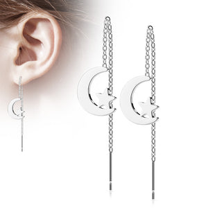 316L Surgical Steel Free Falling Threader Earrings With Moon and Star