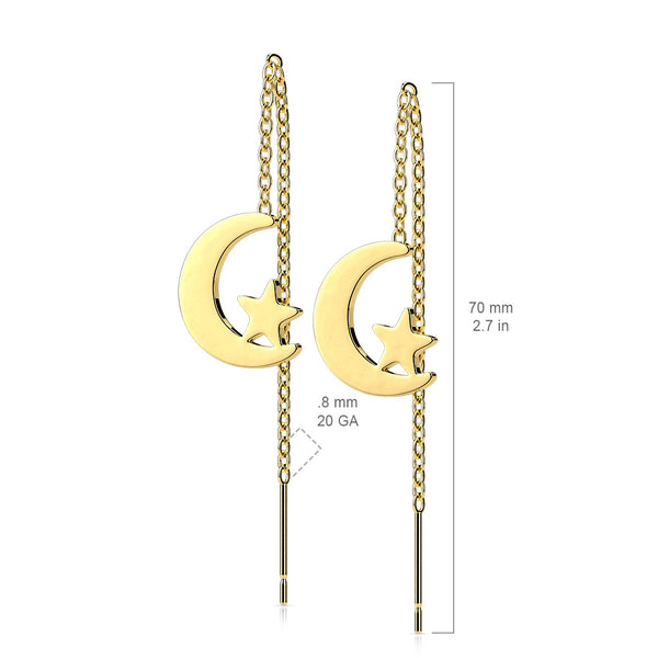 316L Surgical Steel Free Falling Threader Earrings With Moon and Star