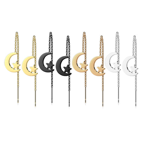 316L Surgical Steel Free Falling Threader Earrings With Moon and Star