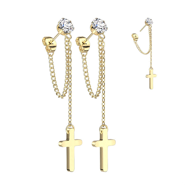 Surgical Steel CZ Stud Earrings With Chain Link and Cross Dangling