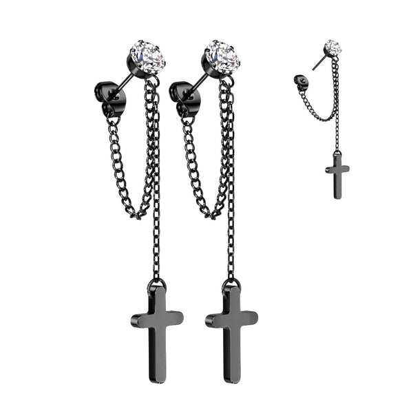 Surgical Steel CZ Stud Earrings With Chain Link and Cross Dangling