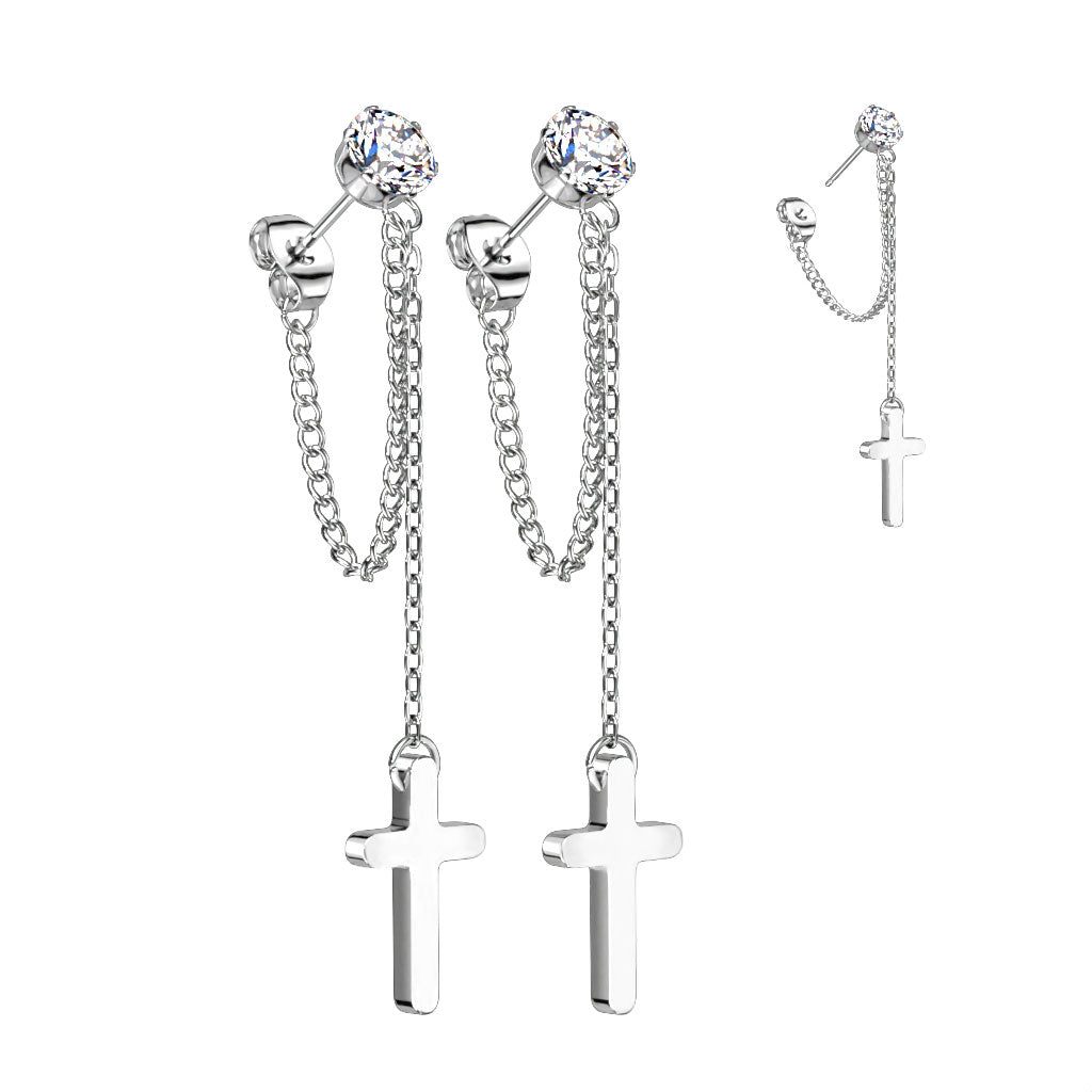 Surgical Steel CZ Stud Earrings With Chain Link and Cross Dangling