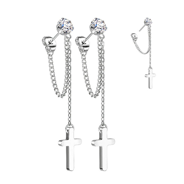 Surgical Steel CZ Stud Earrings With Chain Link and Cross Dangling