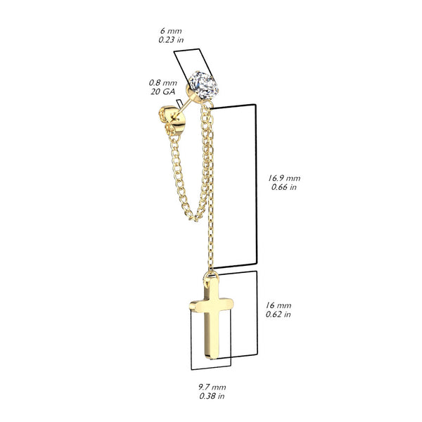 Surgical Steel CZ Stud Earrings With Chain Link and Cross Dangling
