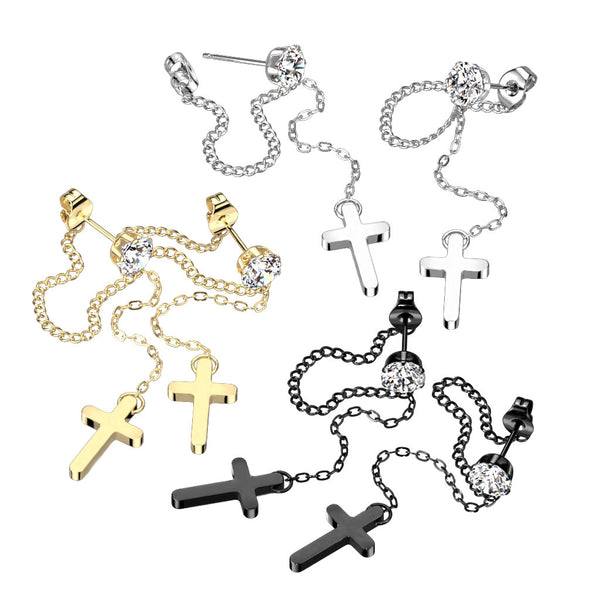 Surgical Steel CZ Stud Earrings With Chain Link and Cross Dangling