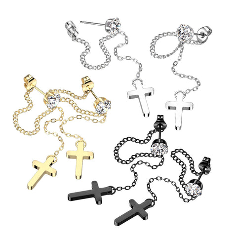 Surgical Steel CZ Stud Earrings With Chain Link and Cross Dangling