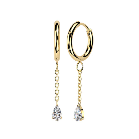 316L Hinged Hoop Earrings With Teardrop CZ Dangle