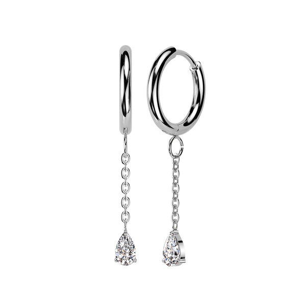 316L Hinged Hoop Earrings With Teardrop CZ Dangle