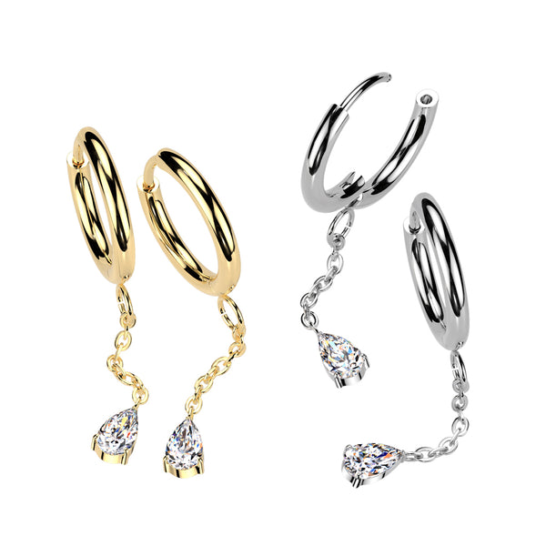 316L Hinged Hoop Earrings With Teardrop CZ Dangle