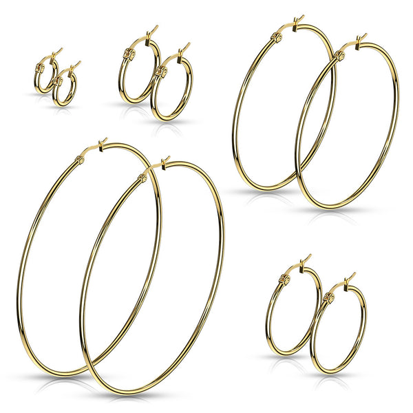 Pair of High Polish or Gold IP 316L Stainless Steel Round Hoop Earrings