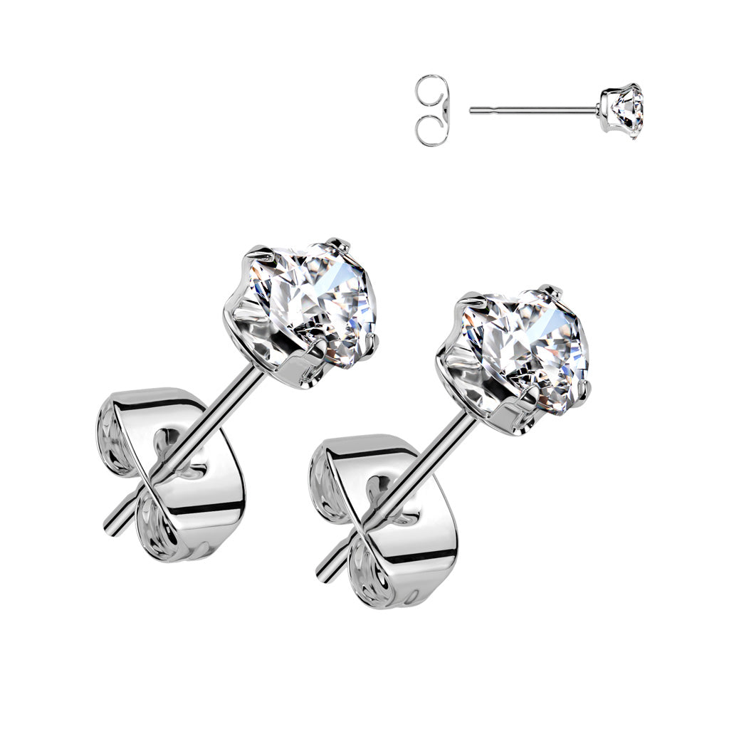Pair of 316L Surgical Stainless Steel Stud Earrings With Prong Set Heart CZ