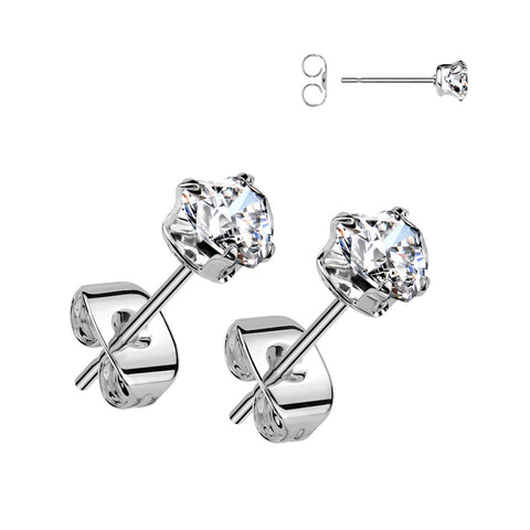 Pair of 316L Surgical Stainless Steel Stud Earrings With Prong Set Heart CZ