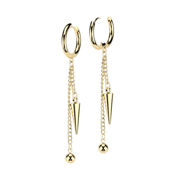 Pair of 316L Stainless Steel Hinged Hoop Earrings With Ball and Cone Dangle