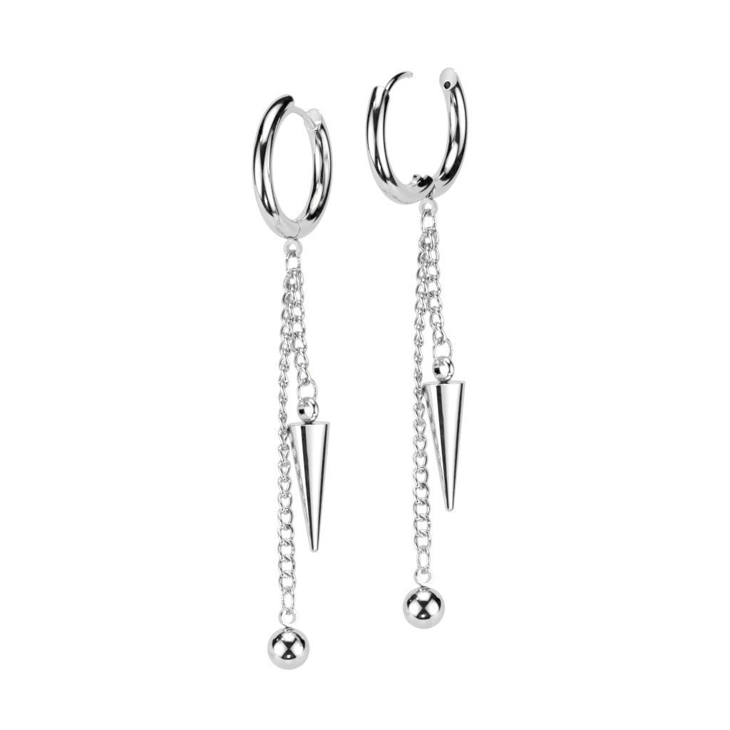 Pair of 316L Stainless Steel Hinged Hoop Earrings With Ball and Cone Dangle