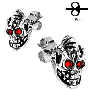Pair of 316L Surgical Stainless Evil Knight Skull Red CZ Eyes Stud Earring