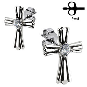 Pair of 316L Surgical Stainless Royal Cross With Clear CZ Center Stud Earring