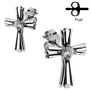Pair of 316L Surgical Stainless Royal Cross With Clear CZ Center Stud Earring