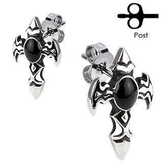Pair of 316L Surgical Stainless Winged Cross With Onyx Stone Stud Earring