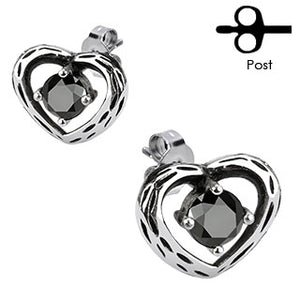Pair of 316L Surgical Stainless Vintage Casted Heart With Black CZ Stud Earring