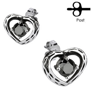 Pair of 316L Surgical Stainless Vintage Casted Heart With Black CZ Stud Earring