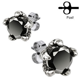Pair of 316L Surgical Stainless Steel Black CZ Eagle Claw Stud Earring
