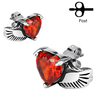 Pair of 316L Surgical Stainless Angel Wing With Heart Red Citrine CZ Stud Earring