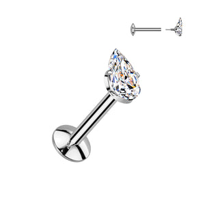 Teardrop Implant Grade Titanium Internally Threaded Labret, 4mm Convex Base With Prong Set Teardrop CZ Extended Thread Top