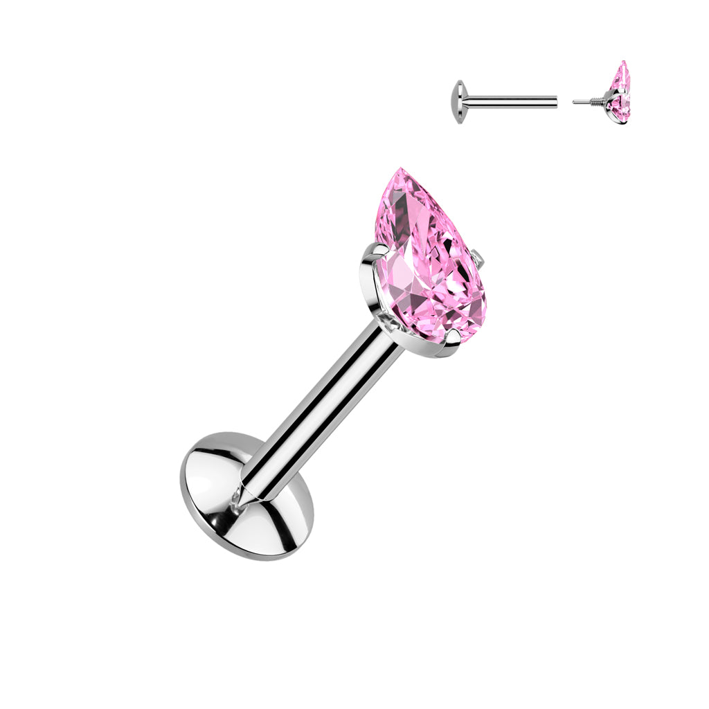 Teardrop Implant Grade Titanium Internally Threaded Labret, 4mm Convex Base With Prong Set Teardrop CZ Extended Thread Top