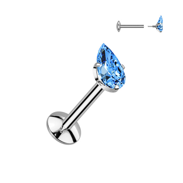 Teardrop Implant Grade Titanium Internally Threaded Labret, 4mm Convex Base With Prong Set Teardrop CZ Extended Thread Top