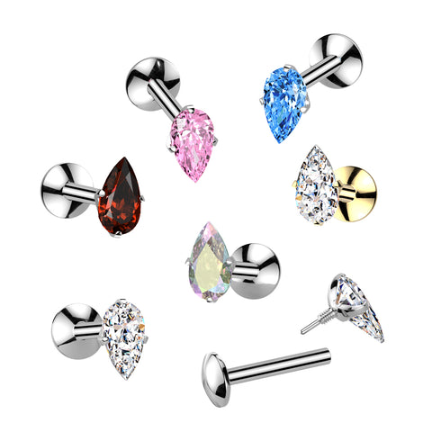 Teardrop Implant Grade Titanium Internally Threaded Labret, 4mm Convex Base With Prong Set Teardrop CZ Extended Thread Top
