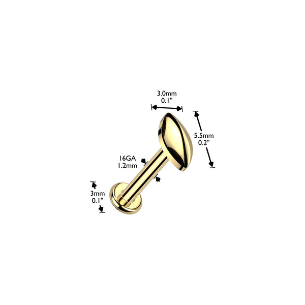 Implant Grade Titanium Internally Threaded Rounded Marquise Top Labret, Flat Back Stud