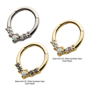 Steel with Prong Set 4pcs Clear & Black AAA CZ 1pc White Synthetic Opal Front Facing Hinged Segment Clicker
