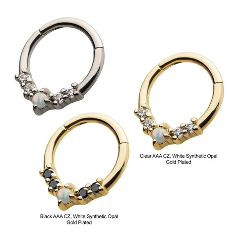 Steel with Prong Set 4pcs Clear & Black AAA CZ 1pc White Synthetic Opal Front Facing Hinged Segment Clicker