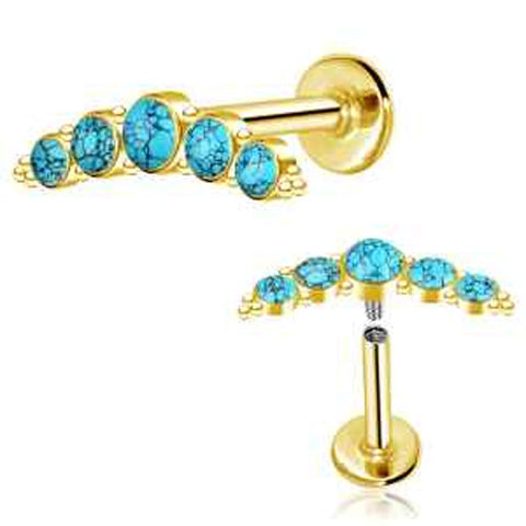 316L Gold Pvd Internal thread synthetic turquoise beaded arc Labret bar