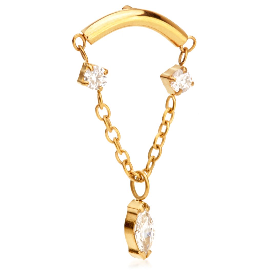 ZIRCON GOLD TI INTERNAL CURVED BAR WITH HANGING GEM CHAIN LABRET