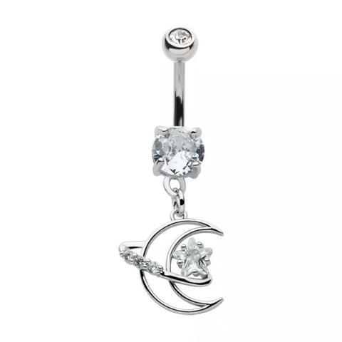 Prong Set Crescent Moon, Star & Double Clear Round CZ Dangle Navel