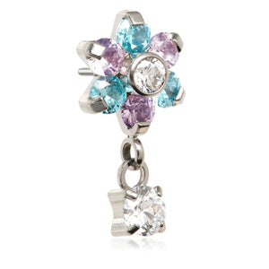 Ti Threadless Flower With Hanhging Gem - CZ+Aqua